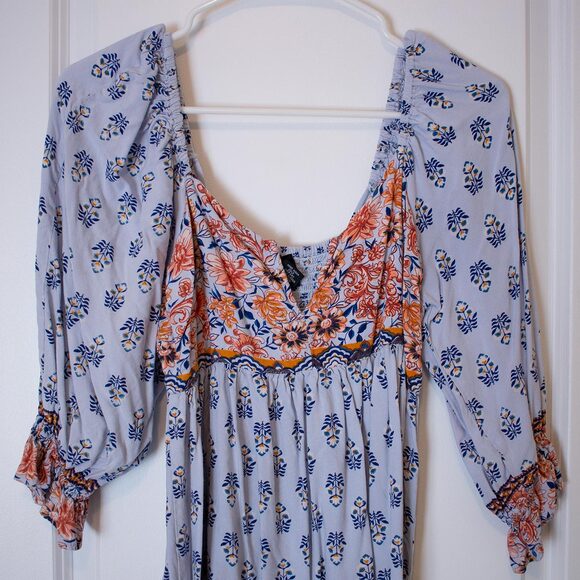 Boho Peasant Mini Dress Empire Waist Floral Print Stretch Festival L True Spring - Picture 2 of 7